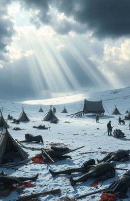 A snowy landscape depicting a medieval tent camp post-battle