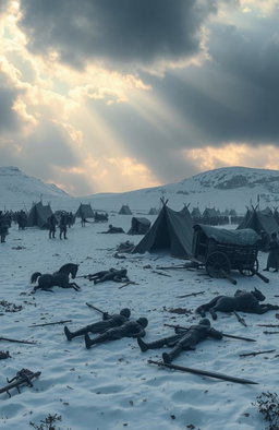 A snowy landscape depicting a medieval tent camp post-battle