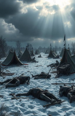A snowy landscape depicting a medieval tent camp post-battle