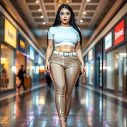 A full-length photograph of a stunning, curvy young woman walking towards you in a mall
