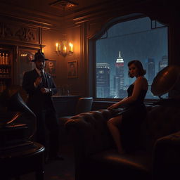 A dark, atmospheric mafia scene showcasing an illuminated smoky room filled with vintage furniture and an ornate bar