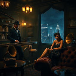 A dark, atmospheric mafia scene showcasing an illuminated smoky room filled with vintage furniture and an ornate bar