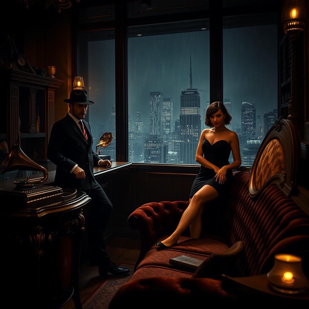 A dark, atmospheric mafia scene showcasing an illuminated smoky room filled with vintage furniture and an ornate bar