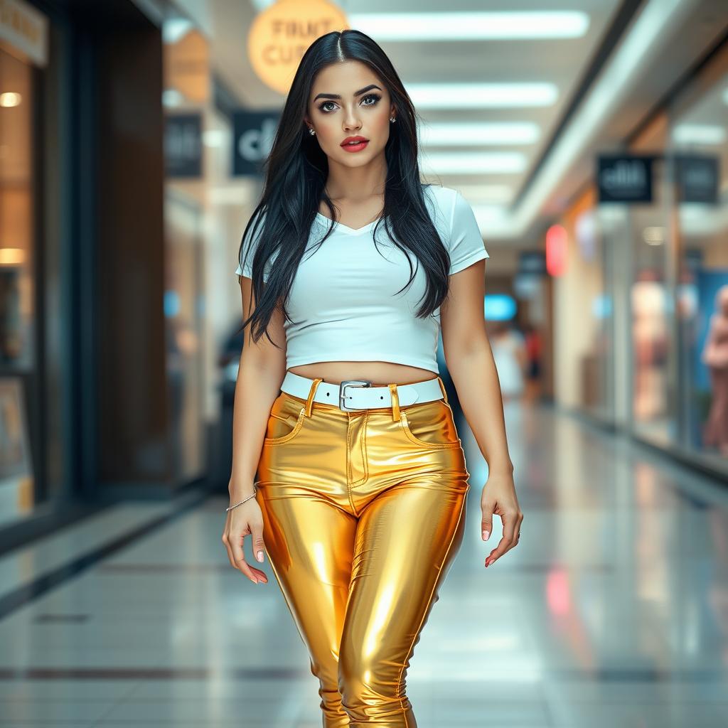 A full-length photograph of a stunning, curvy young woman walking towards you in a mall
