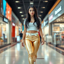 A full-length photograph of a stunningly beautiful young woman walking towards you in a bustling mall