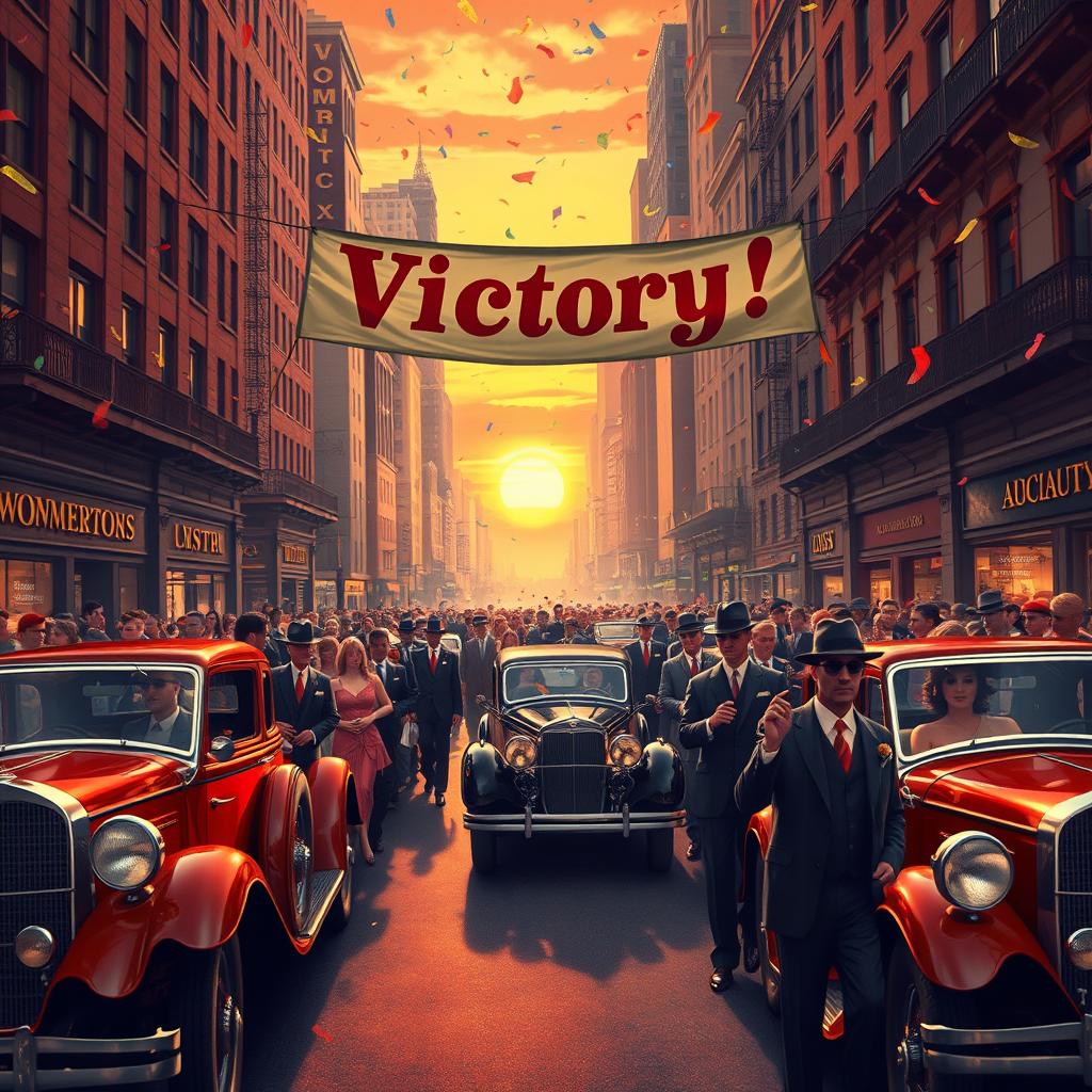 A vivid depiction of a Mafia Victory Parade, showcasing a classic 1920s city street filled with vintage cars and well-dressed mobsters celebrating their success