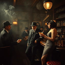 An atmospheric vintage mafia scene set in the 1920s, featuring a group of elegantly dressed men in fedoras and women in stylish flapper dresses