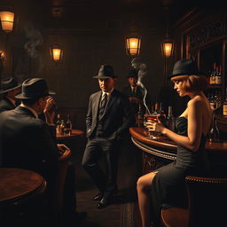 An atmospheric vintage mafia scene set in the 1920s, featuring a group of elegantly dressed men in fedoras and women in stylish flapper dresses