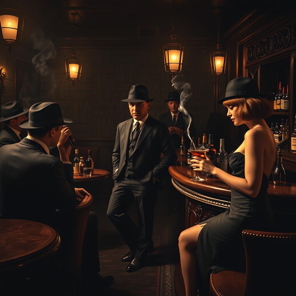An atmospheric vintage mafia scene set in the 1920s, featuring a group of elegantly dressed men in fedoras and women in stylish flapper dresses