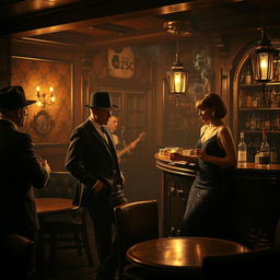 An atmospheric vintage mafia scene set in the 1920s, featuring a group of elegantly dressed men in fedoras and women in stylish flapper dresses