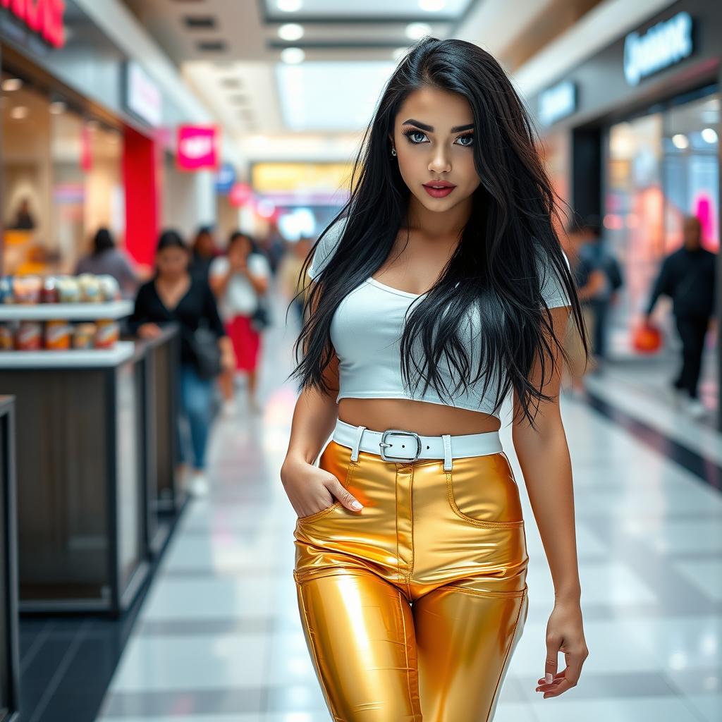 A full-length photograph of a stunningly beautiful young woman walking towards you in a bustling mall environment