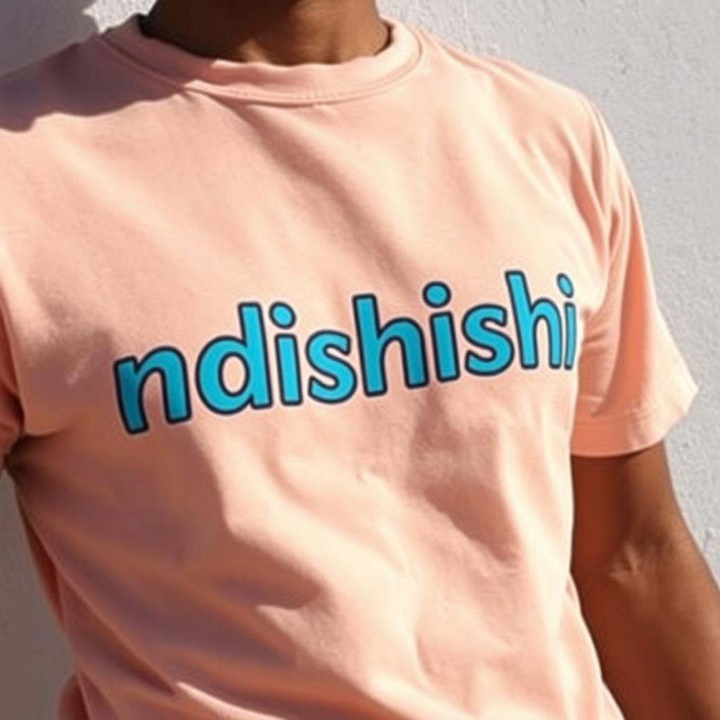 A close-up view of a trendy t-shirt featuring the word 'ndishishi' printed prominently on the front