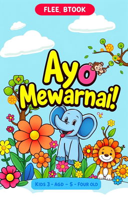 A colorful and playful e-book cover for a children's coloring book aimed at kids aged 3 to 5 years old