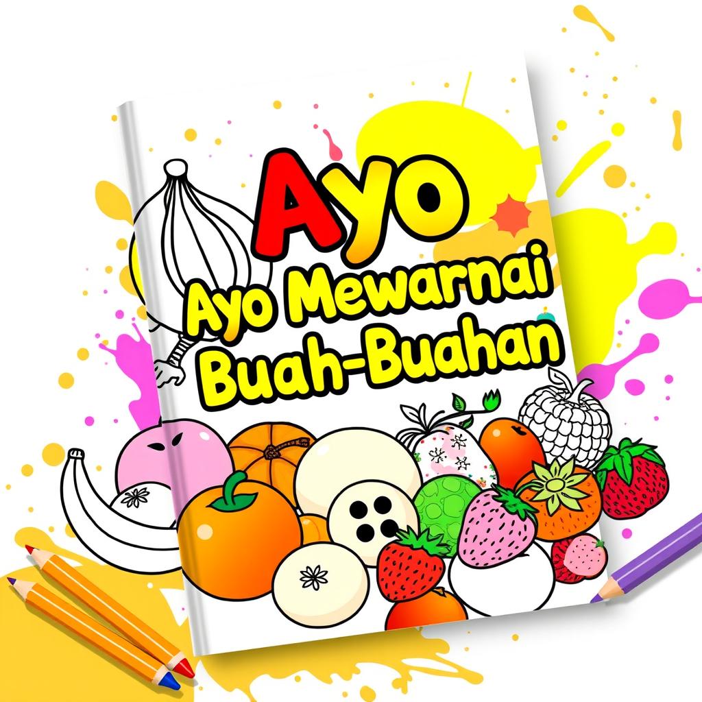 A colorful and vibrant e-book cover for a coloring book titled 'Ayo Mewarnai Buah-Buahan', featuring an assortment of various fruits like bananas, apples, oranges, and strawberries intricately designed with outlines ready for coloring