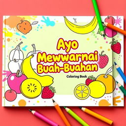 A colorful and vibrant e-book cover for a coloring book titled 'Ayo Mewarnai Buah-Buahan', featuring an assortment of various fruits like bananas, apples, oranges, and strawberries intricately designed with outlines ready for coloring