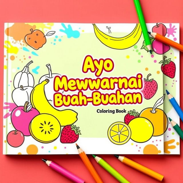 A colorful and vibrant e-book cover for a coloring book titled 'Ayo Mewarnai Buah-Buahan', featuring an assortment of various fruits like bananas, apples, oranges, and strawberries intricately designed with outlines ready for coloring