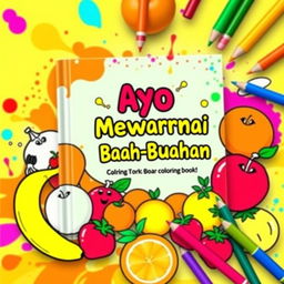 A colorful and vibrant e-book cover for a coloring book titled 'Ayo Mewarnai Buah-Buahan', featuring an assortment of various fruits like bananas, apples, oranges, and strawberries intricately designed with outlines ready for coloring