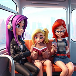 A group of three stylized 3D characters representing young women sitting inside a train