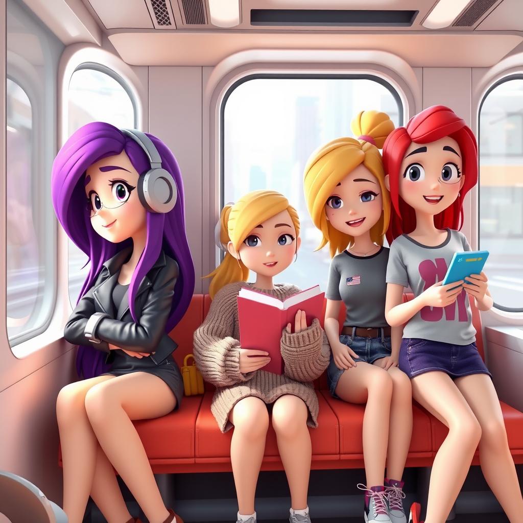 A group of three stylized 3D characters representing young women sitting inside a train