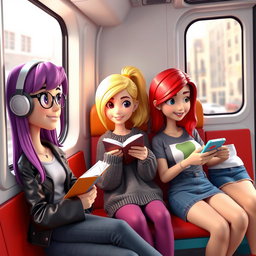 A group of three stylized 3D characters representing young women sitting inside a train
