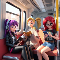 A group of three stylized 3D characters representing young women sitting inside a train