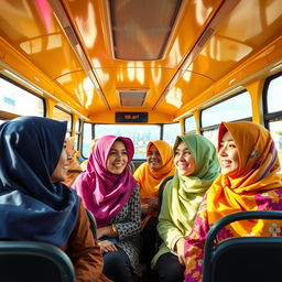 A vibrant scene depicting a group of young women wearing colorful hijabs as they travel on a bus