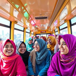 A vibrant scene depicting a group of young women wearing colorful hijabs as they travel on a bus