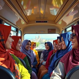 A vibrant scene depicting a group of young women wearing colorful hijabs as they travel on a bus