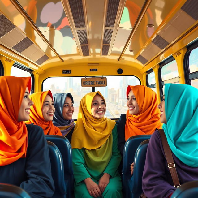 A vibrant scene depicting a group of young women wearing colorful hijabs as they travel on a bus