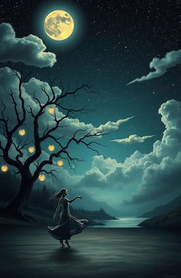 A surreal, dreamlike landscape depicting a lonesome waltz under a starry night sky