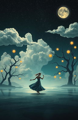 A surreal, dreamlike landscape depicting a lonesome waltz under a starry night sky