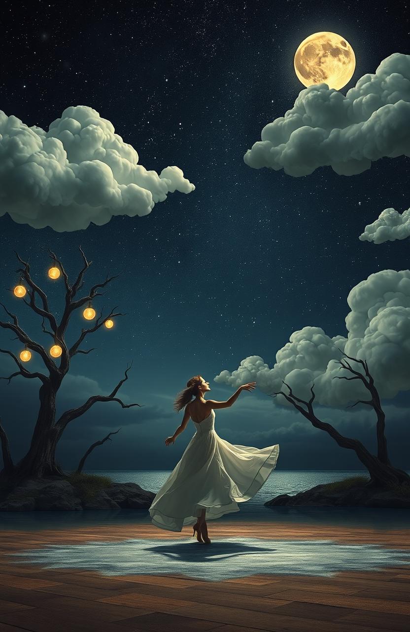 A surreal, dreamlike landscape depicting a lonesome waltz under a starry night sky