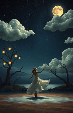 A surreal, dreamlike landscape depicting a lonesome waltz under a starry night sky