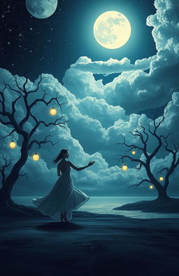 A surreal, dreamlike landscape depicting a lonesome waltz under a starry night sky