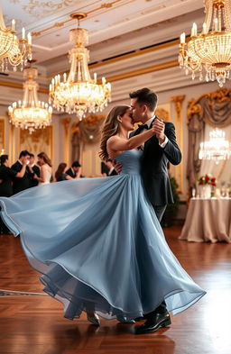 A beautiful couple dancing a waltz in an elegant ballroom with intricate chandeliers overhead