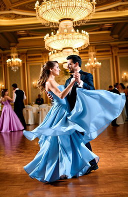 A beautiful couple dancing a waltz in an elegant ballroom with intricate chandeliers overhead
