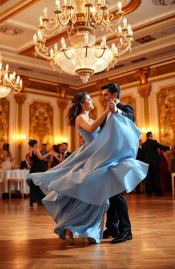 A beautiful couple dancing a waltz in an elegant ballroom with intricate chandeliers overhead