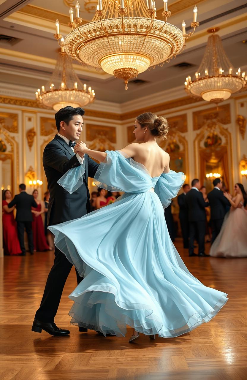 A beautiful couple dancing a waltz in an elegant ballroom with intricate chandeliers overhead