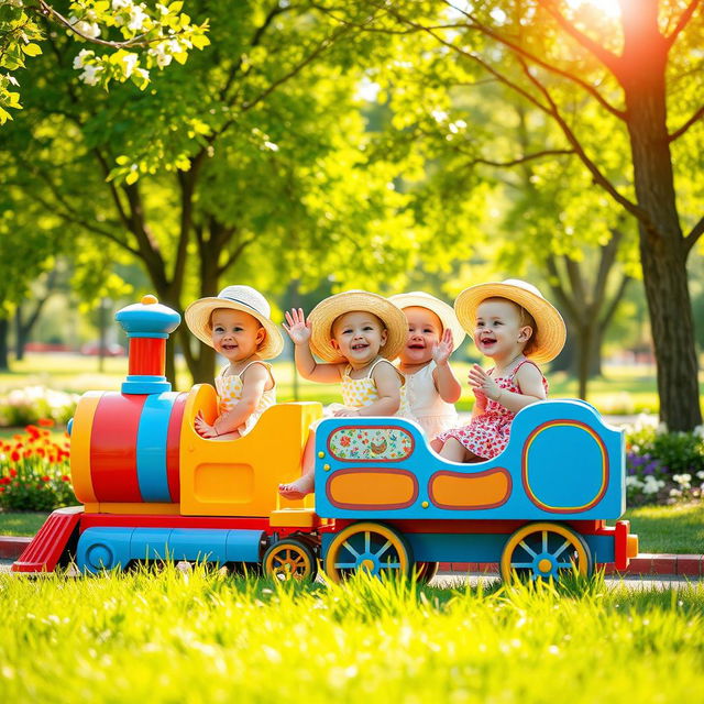 A whimsical scene in a vibrant park featuring adorable baby girls enjoying a fun ride on a colorful baby train