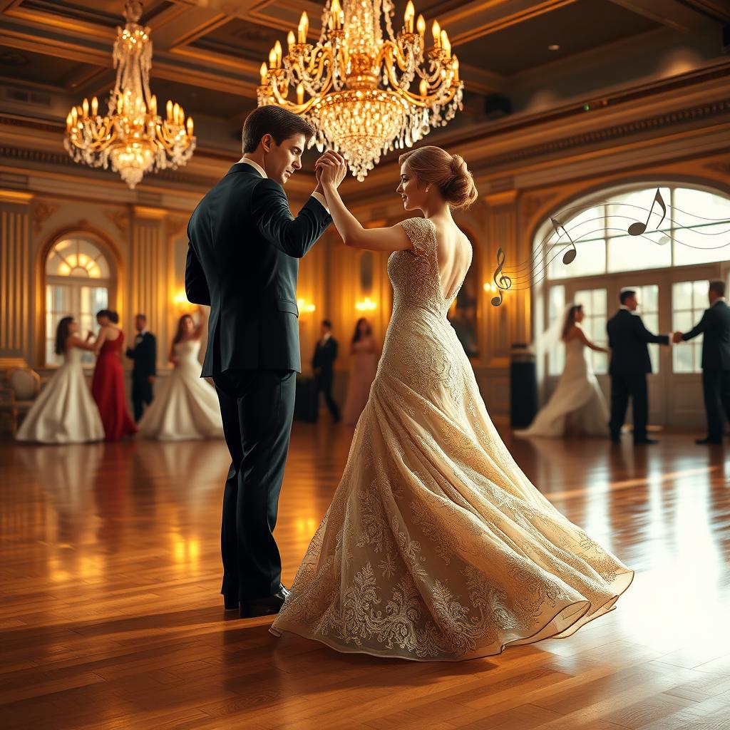 A beautifully elegant ballroom scene featuring a couple gracefully dancing the waltz