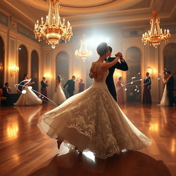 A beautifully elegant ballroom scene featuring a couple gracefully dancing the waltz
