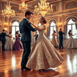 A beautifully elegant ballroom scene featuring a couple gracefully dancing the waltz