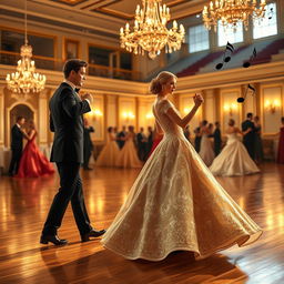 A beautifully elegant ballroom scene featuring a couple gracefully dancing the waltz