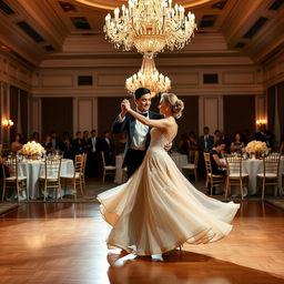 A beautiful ballroom scene featuring a couple gracefully executing a waltz dance