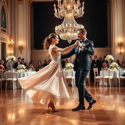 A beautiful ballroom scene featuring a couple gracefully executing a waltz dance