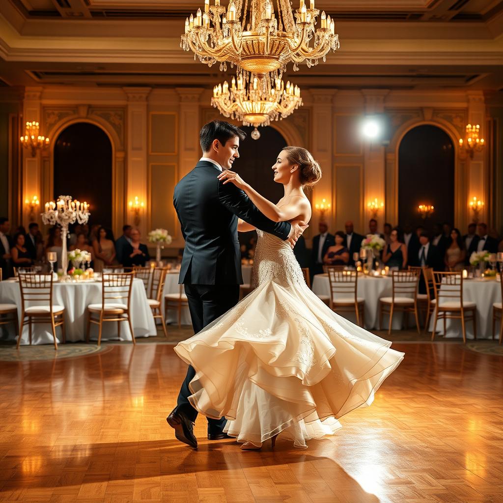 A beautiful ballroom scene featuring a couple gracefully executing a waltz dance