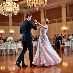 A beautiful ballroom scene featuring a couple gracefully executing a waltz dance
