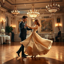 A graceful couple performing a classic waltz dance on a beautifully decorated ballroom floor, surrounded by elegant chandeliers and vintage decor