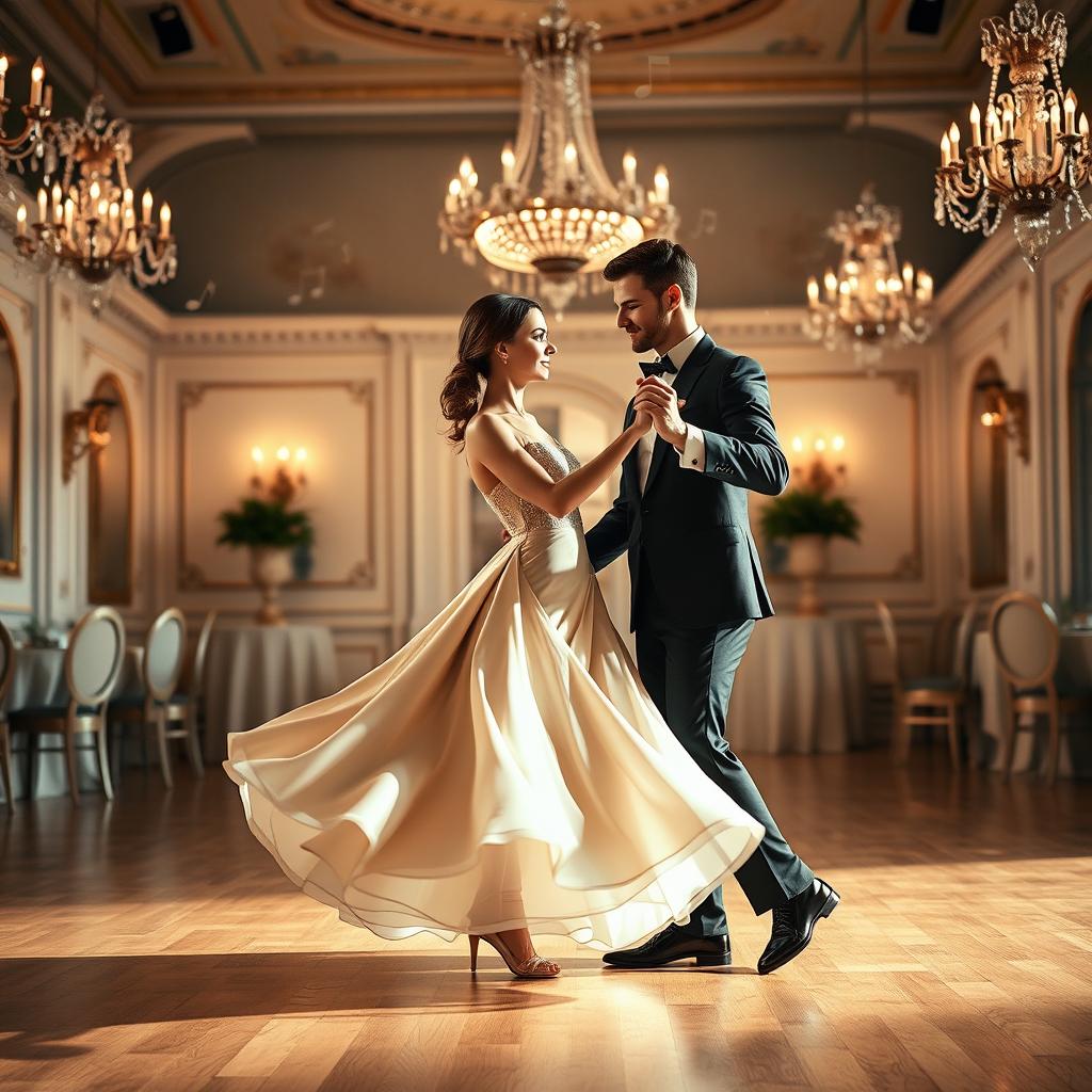 A graceful couple performing a classic waltz dance on a beautifully decorated ballroom floor, surrounded by elegant chandeliers and vintage decor