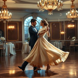 A graceful couple performing a classic waltz dance on a beautifully decorated ballroom floor, surrounded by elegant chandeliers and vintage decor